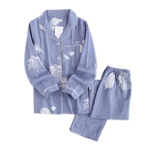 신선한 잠옷 세트 100 % 거즈 코 튼 일본 여름 긴 소매 캐주얼 잠옷 간단한 귀여운 곰 잠옷 211215