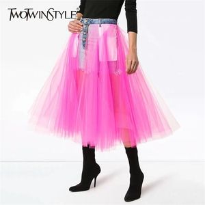 女性のためのデニムスカートのための高腰パッチワークメッシュミディボールガウンスカート女性カジュアルなファッション韓国春210521