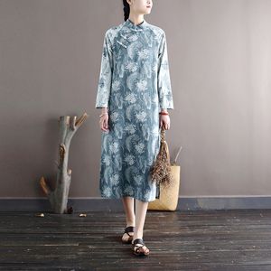 Johnature Women Print Цветочные платья Китайский стиль Cheongsam Хлопковое белье A-Line Стенд с длинным рукавом Винтажное пружинное платье 210521