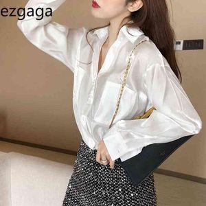 Ezdgaga Bluzka Kobiety Collar Kołnierz Z Długim Rękawem Solidna Wiosna Koreański Chic Luźne Biuro Lady Koszule Eleganckie Cienkie Moda Topy 210430