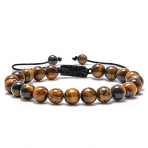 Beaded Bracelets for Men Women 8mm Natural Tiger Eye Bracelet Yoga Handmade Healing Energy Adjustable Braided Rope Bracelet