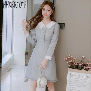 autumn winter fashion Casual Women Elegant turn down collar Dress Long Sleeve A-Line Tweed Dresses 210531