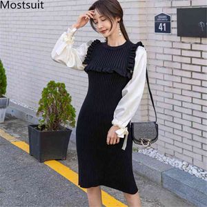 Ankomst Kvinnor Stickad Patchwork Koreansk Klänning Skjorta Ärm O-Neck Sweater Pencil Dresses Fashion Vintage Elegant Vestido 210518