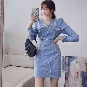 Mini Jeans Dress For Donne Blue Manica Lunga V Collo Denim OL Sexy Ladies Office Corea Bodycon Abiti 210602