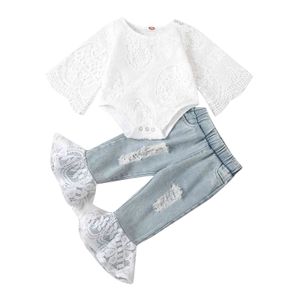 6-24 M Bahar Doğan Bebek Bebek Kız Giysileri Set Dantel Romper Tulum Flare Denim Pantolon Kot Kıyafetler Kostümleri 210515