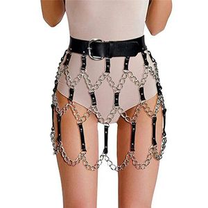 Saias Gótica Couro Sintético Cinto Saia Feminina Metal Link Chain Patchwork Hollow Out Rave Party Nigh Club Mini