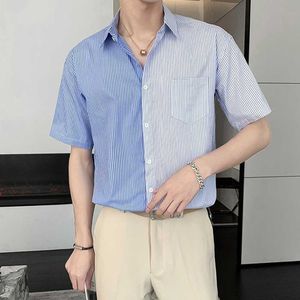 Szytko Szyte Paski Koszula Mężczyźni Moda Loose Krótki Rękaw Dorywczo Koszula Streetwear Bluzka Społeczna Hip Harajuku Mężczyźni Ubrania 210527