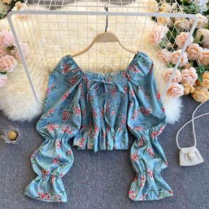 Vintage Sweet Print Bluse Tops Sommer weibliches Design Lotuswurzel Puffärmel schlankes kurzes Hemd und für Damen 210420