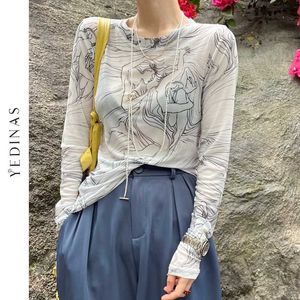 Yedinas Korean Style White Mesh T Shirts Women Sexy Slim See Through Gauze T-shirt Designer Print Semitransparent Bodycon Tops 210527