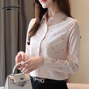 Мода поворотный воротник с длинным рукавом принт рубашки женщины тонкий офис леди шелковая блузка кнопка рубашки элегантные вершины Blusas 8352 50 210521