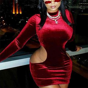 OMSJ Sexy Night Club Party Vestidos Women Long Sleeve Velvet Mini Dress Solid Autumn Bandage Hollow Out High Neck Dresses 210517
