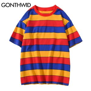 Tshirts Hip Hop Casual Men Summer Rainbow Color Block Stripe Cotton Short Sleeve T-Shirts Streetwear Harajuku Tees Tops 210602