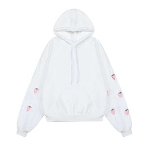 Talvez U White Strawberry Bordado Manga Pensar Lã Hoodies Pullovers Mulheres Casuais H0032 210529