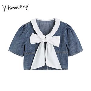 Yitimuceng Bow Denim Blusa Mulheres Camisas Doce Slow Sleeve Peter Pan Collar Roupas Rua Verão Verão Coreano Fashion Tops 210601