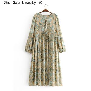 beauty Fashion Boho Style Floral Print Maxi Dress Women Holiday Chic Bow Tie O-neck Loose Summer Long Dresses Female 210514