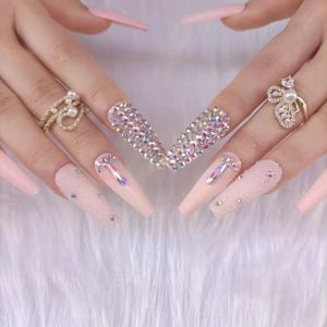 Wholesale light pink fake nails resale online - False Nails Luxury Jewelry Super Long Ballet Coffin Fake Nail Crystal Full Of Light Pink Flash Drill