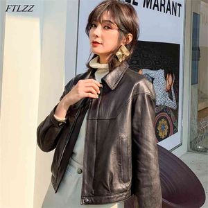 Bahar Kadın Deri Ceket Yaka Fermuar Kısa PU Lady Ince Siyah Uzun Kollu Biker Coat 210430