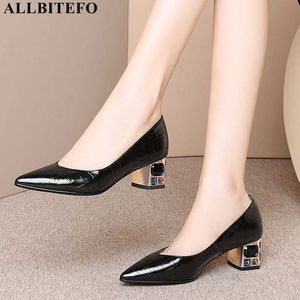 Allbitefo färg diamant häl äkta läder märke högklackat kontor damer skor kvinnor högklackat skor tjocka häl kvinnor skor 210611