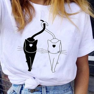 Donne Graphic Cartoon Cat Pet Animal Cute 90s Love Short Sleeve Cartoon Lady Clothes Tops Tees Stampa Maglietta femminile T-Shirt X0527