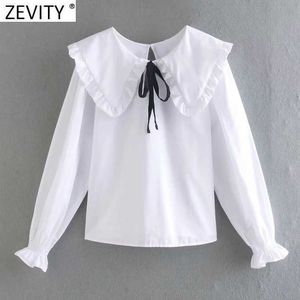 Zevity Spring Women Sweet Peter Pan Collar Agaric Lace Edge White Blouse Office Lady Bow Shirt Chic Chicise Toppar LS7508 210603