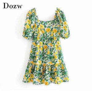 Women Floral Print Summer Mini Dress Puff Short Sleeve Ruffles Boho es Square Collar Holiday Beach Veatidos 210515