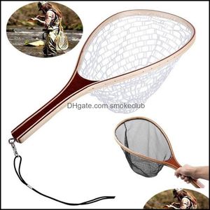 Fiske Sport OutdoorsFishing Aessories 80% Trähandtag Gummi / Nylon Mesh Landing Net Catch Release Scoop Drop Leverans 2021 HN75T