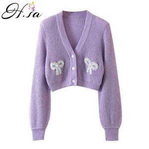 Kvinnor Mode Tröja och Cardigans Sequined Bow Short Purple Långärmad V Neck Crop Top Strikkad Cardigan 210430