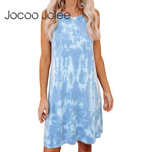JOCOO JOLEE Moda Tie-Boya Baskı Tankı Mini Elbise Rahat Kolsuz Gevşek Gömlek Elbise Avrupa Kısa Elbise Plaj Tatil Dreesses 210619