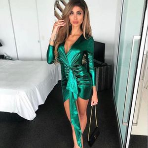 Wiosna Wrap Bandaż Bodycon Sukienki Kobiety Głębokie V Neck Mini Sexy Sukienka Kolorowa Elegancka Green Summer Party Dress Vestidos 210522