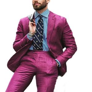 Erkek Takım Elbise Blazers 2022 Stil Fuşya 2 Parça Slim Fit Smokin Keten Düz Yaka Yakışıklı Damat Düğün Giyim Blazer Skinny