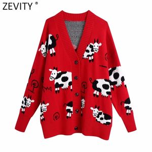 Kvinnor Vintage V Neck Animal Pattern Jacquard Cardigans Knitting Sweater Kvinna Chic Långärmad Breasted Coats Toppar S682 210420