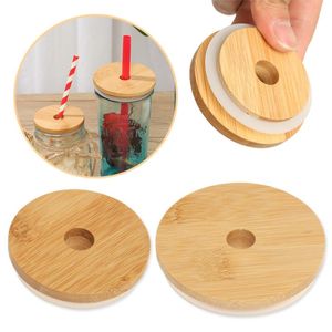 Organizzazione di contenitori per la cucina 1PC 70mm / 86mm Coperchio per barattolo di vetro in legno di bambù con foro di paglia Anello di tenuta in silicone Bocca larga Copri tazze Tappi