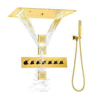 700X380 MM Gold Polished Rain Shower Head With Handheld Body Massage Jets Thermostatic LED Bath Faucet Set