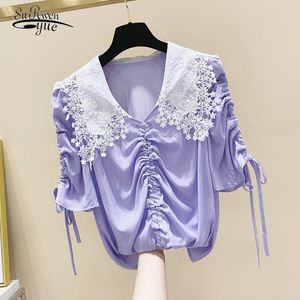 Blusas femininas Camisetas Roupas Coreanas Manga Curta Solta Lace Blouse Doce Camisa Chiffon Mulheres Sólidas Color Senhoras Tops Blusas 9420