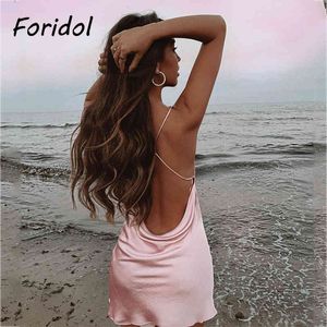 Foridol sexig backless spets upp rosa satin klänning kvinnor ärmlös klubb fest kort silke klänning sundress strand sommarklänning 210415