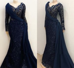 African Long Sleeves Lace Mermaid mother of the bride dresses Aso Ebi Long Sleeves Pleats Navy Blue Prom mother Gowns Robe De Soiree