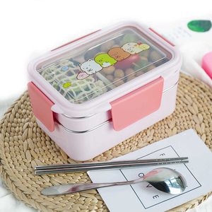 Shai Portable för barn Picnic School Bento Box Cartoon Lunch Rostfritt Stål Dubbelskikt Matbehållare 210709