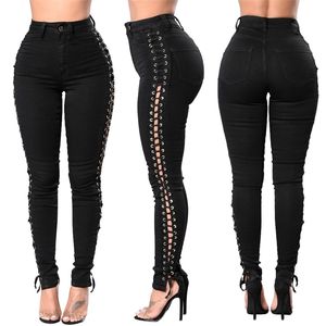 Streetwear Side Lace Up Dżinsy Kobiety Plus Size Skinny Woman High Waist Black Bandaż Push Denim Ołówek Harajuku Spodnie 210708