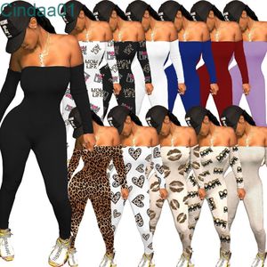 여성 Jumpsuits 디자이너 슬림 섹시 끄기 어깨 사랑 패턴 편지 Leopard 인쇄 한 단어 칼라 숙녀 꽉 rompers 12 색