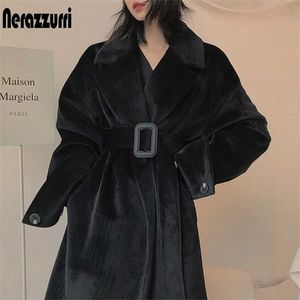 Nerazzurri Winter Oversized Long Black Faux Fur Coat Women Belt Long Sleeve Loose Warm Korean Fashion Fake Mink Fur Trench Coat 211124