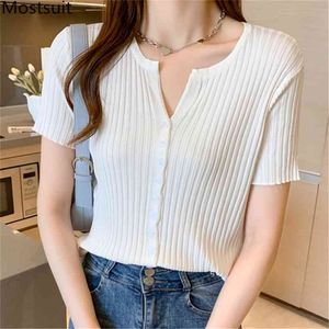 Sommar stickad V-nacke Cardigan Knitwear Kvinnor Kortärmad Singel Breasted Tops Sweater Solid Koreanska Fashion Jumpers Femme 210513