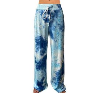 Tie Dyed Print Wide Leg Pants Women Stretch Mid Waist Lace Up Pocket Loose Sports Trousers Summer Female Lounge Plus Size 210526