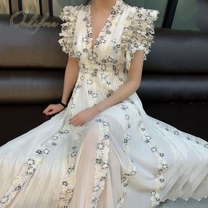 Yaz Kadınlar Zarif Uzun Parti Nakış Çiçek Derin V Boyun Tunik Vintage Tatil Şifon Maxi Elbise 210415
