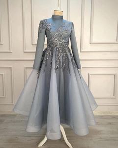 2022 Plus Rozmiar Arabski ASO EBI Srebrny Luksusowy Muzułmański Prom Dresses Koronki Zroszony A-Line Evening Formal Party Druga Recepcja Suknia Sukienka ZJ334