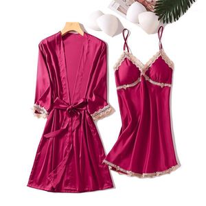 Women's Sleepwear Burgundy Bride Wedding Robe Set Women Casual 2PCS Kimono Bathrobe Gown Sexy V-neck Nightgown Sleep Loose Homewear