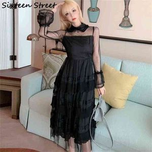 Autumn Black Mesh Elegant Dress Female Full sleeve Casual Vintage bodycon Lace turn-down collar dress woman 210603