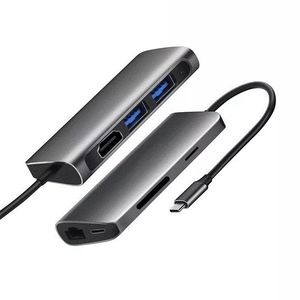 Multifunktionell 7 i 1 USB-C HUB 2XUSB3.0 HDTV SD TF-kortläsare RJ45 Gigabit Ethernet PD Laddning för MacBook Tablet