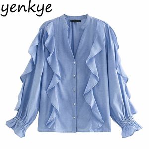 Elegante camicetta blu con volant Camicetta donna scollo a V manica lunga casual camicette rustiche moda donna autunno top taglie forti blusas 210514