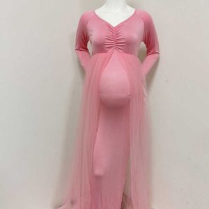 2021 Letnie Tulle Tulle Długie Suknie Baby Shower Bawełniane Sukienka Rozciągliwość Ciąża Fotografia Sukienka z Cape Długi pociąg Y0924