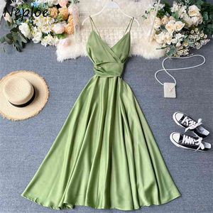 Lace Up Backless Dress Women Sexy V Neck Spaghetti Strap Ladies Vestidos Summer Elegant Slim Waist Female Dresses 210422